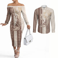 Swimming With Humpback Whales Season Tonga Couples Matching Off The Shoulder Long Sleeve Dress and Long Sleeve Button Shirt Tongan Tofuaa Ngatu Pattern Brown