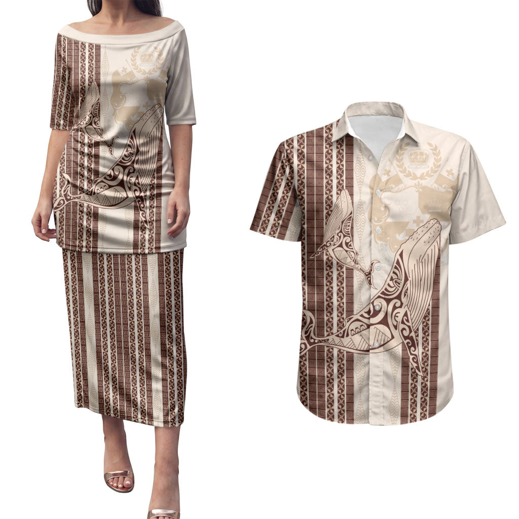 Swimming With Humpback Whales Season Tonga Couples Matching Puletasi and Hawaiian Shirt Tongan Tofuaa Ngatu Pattern Brown