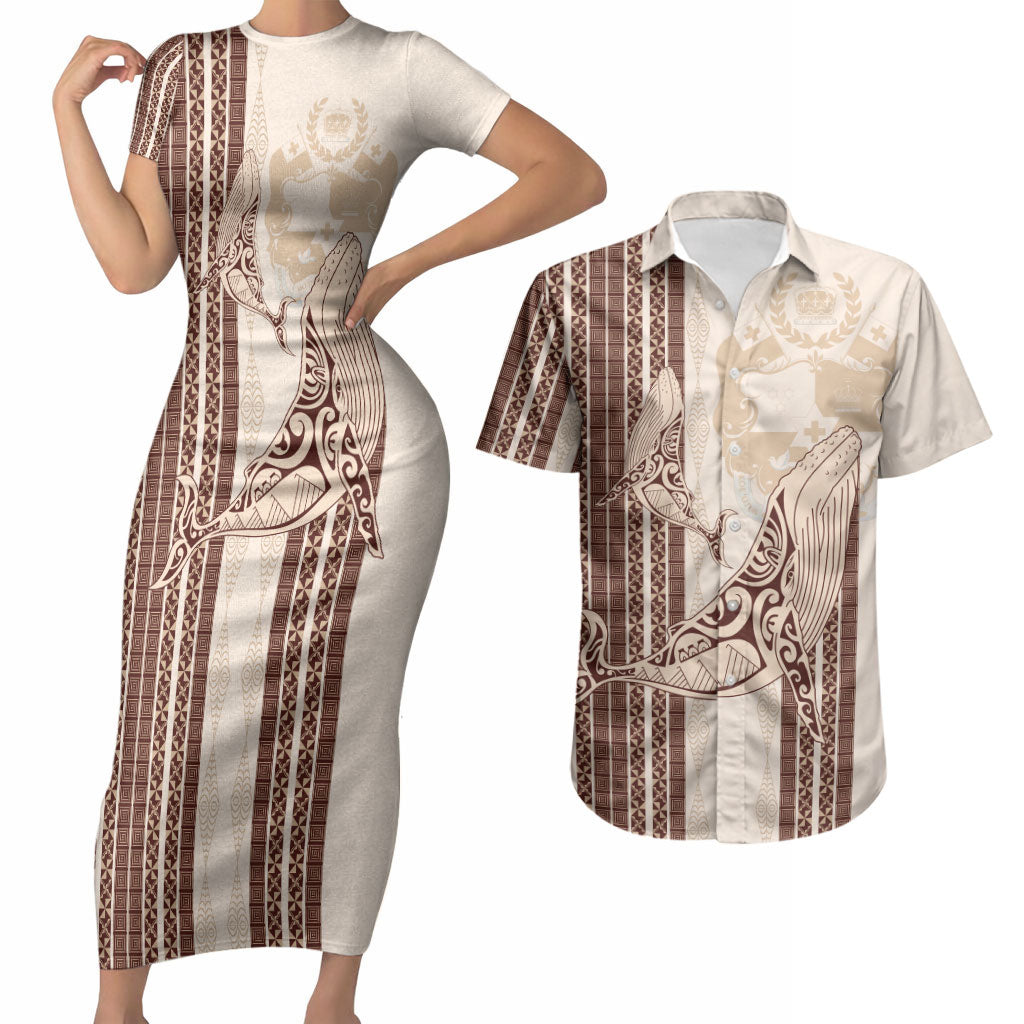 Swimming With Humpback Whales Season Tonga Couples Matching Short Sleeve Bodycon Dress and Hawaiian Shirt Tongan Tofuaa Ngatu Pattern Brown
