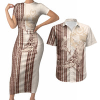 Swimming With Humpback Whales Season Tonga Couples Matching Short Sleeve Bodycon Dress and Hawaiian Shirt Tongan Tofuaa Ngatu Pattern Brown