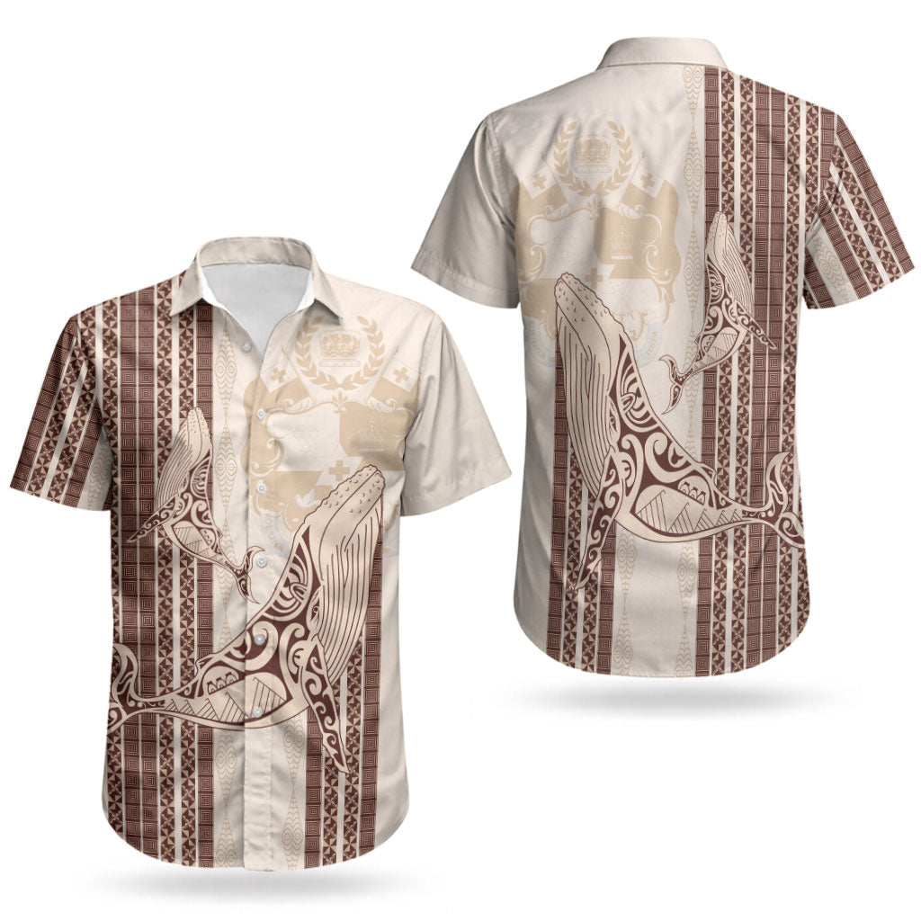Swimming With Humpback Whales Season Tonga Couples Matching Short Sleeve Bodycon Dress and Hawaiian Shirt Tongan Tofuaa Ngatu Pattern Brown