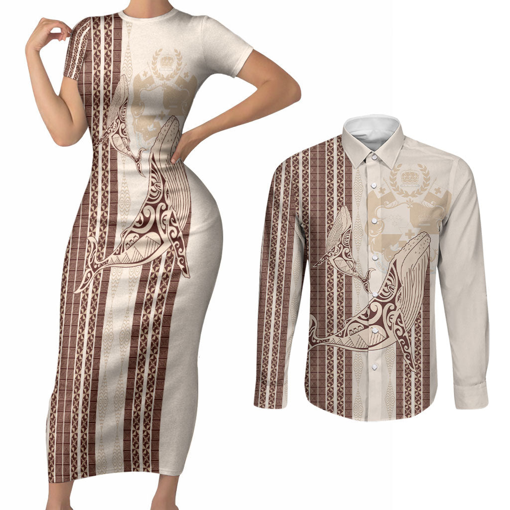 Swimming With Humpback Whales Season Tonga Couples Matching Short Sleeve Bodycon Dress and Long Sleeve Button Shirt Tongan Tofuaa Ngatu Pattern Brown