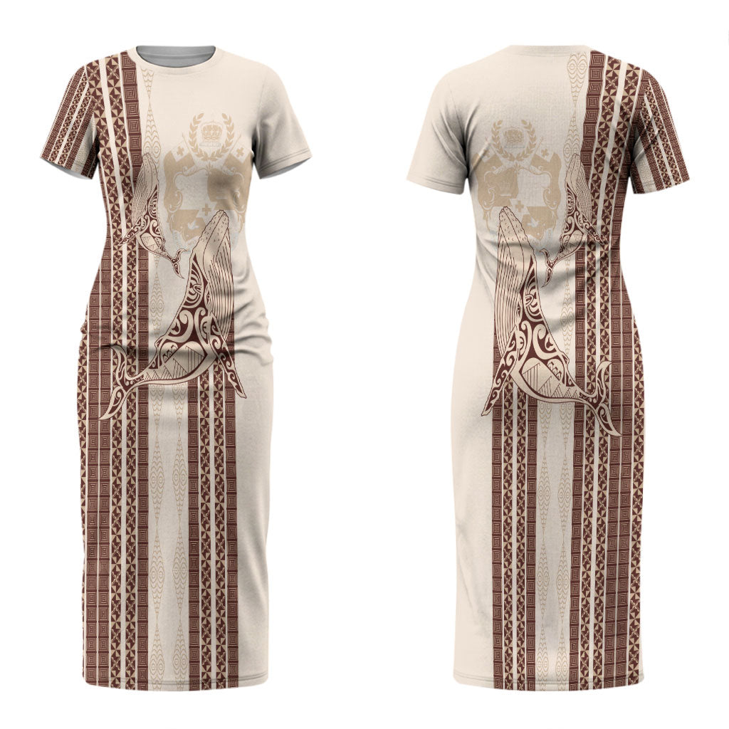 Swimming With Humpback Whales Season Tonga Couples Matching Short Sleeve Bodycon Dress and Long Sleeve Button Shirt Tongan Tofuaa Ngatu Pattern Brown