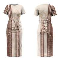 Swimming With Humpback Whales Season Tonga Couples Matching Short Sleeve Bodycon Dress and Long Sleeve Button Shirt Tongan Tofuaa Ngatu Pattern Brown