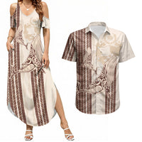 Swimming With Humpback Whales Season Tonga Couples Matching Summer Maxi Dress and Hawaiian Shirt Tongan Tofuaa Ngatu Pattern Brown