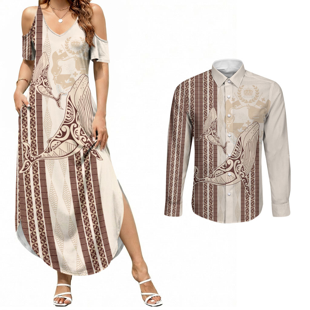 Swimming With Humpback Whales Season Tonga Couples Matching Summer Maxi Dress and Long Sleeve Button Shirt Tongan Tofuaa Ngatu Pattern Brown