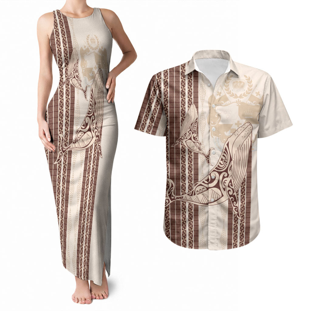 Swimming With Humpback Whales Season Tonga Couples Matching Tank Maxi Dress and Hawaiian Shirt Tongan Tofuaa Ngatu Pattern Brown