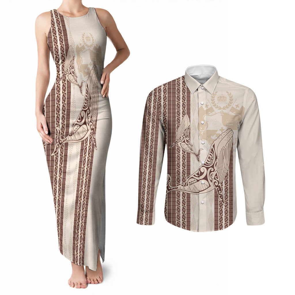 Swimming With Humpback Whales Season Tonga Couples Matching Tank Maxi Dress and Long Sleeve Button Shirt Tongan Tofuaa Ngatu Pattern Brown