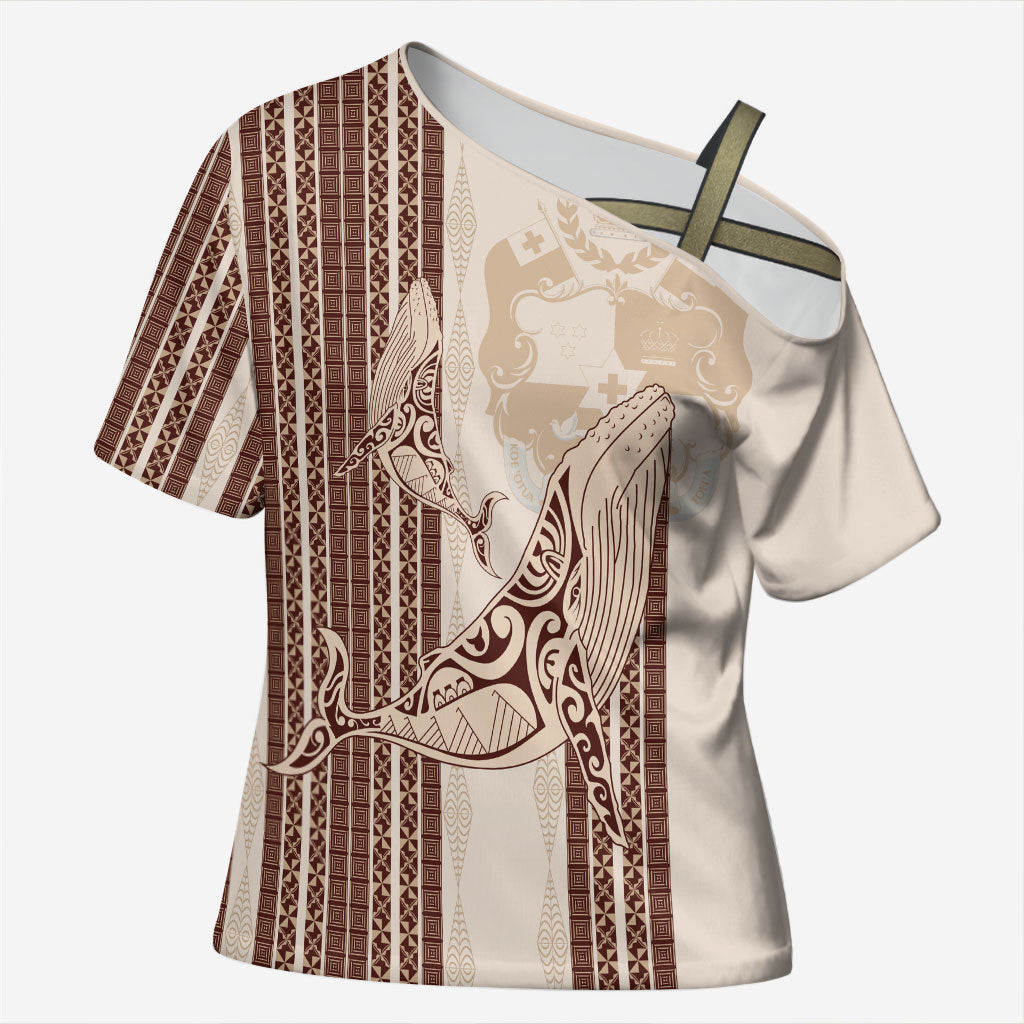 Swimming With Humpback Whales Season Tonga Cross Shoulder Shirt Tongan Tofuaa Ngatu Pattern Brown