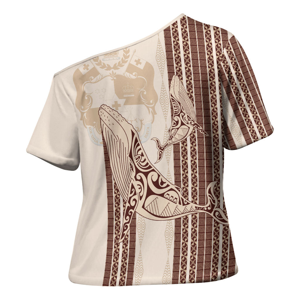 Swimming With Humpback Whales Season Tonga Cross Shoulder Shirt Tongan Tofuaa Ngatu Pattern Brown