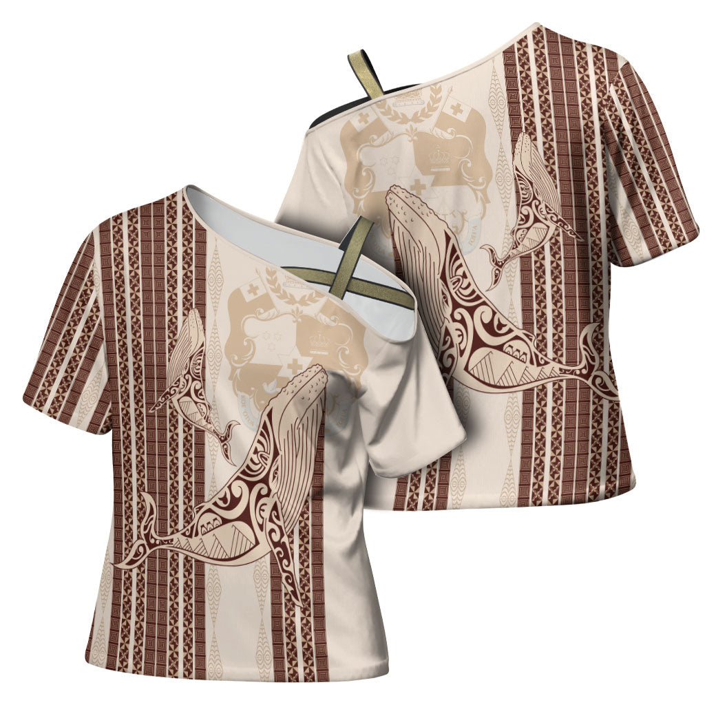 Swimming With Humpback Whales Season Tonga Cross Shoulder Shirt Tongan Tofuaa Ngatu Pattern Brown
