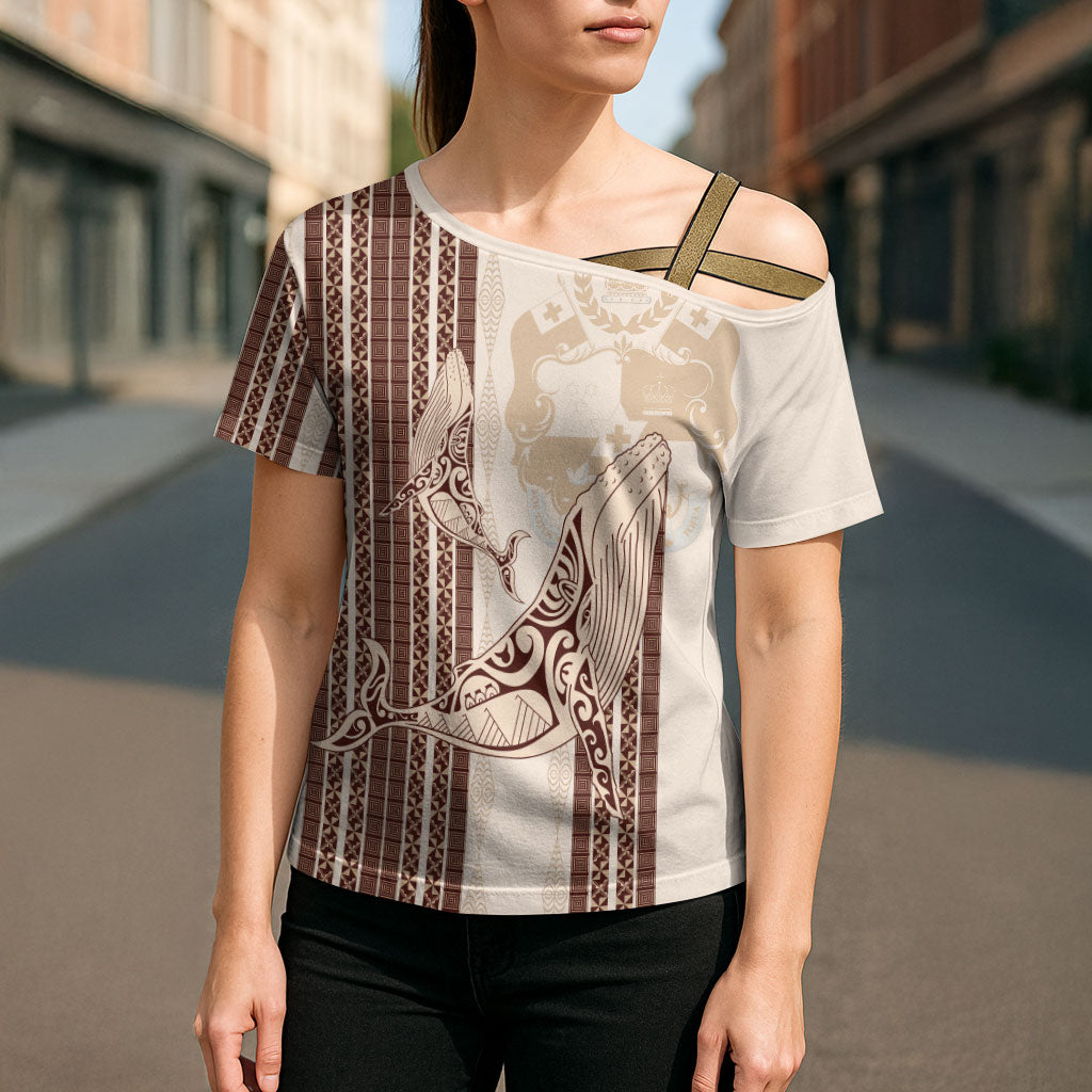 Swimming With Humpback Whales Season Tonga Cross Shoulder Shirt Tongan Tofuaa Ngatu Pattern Brown