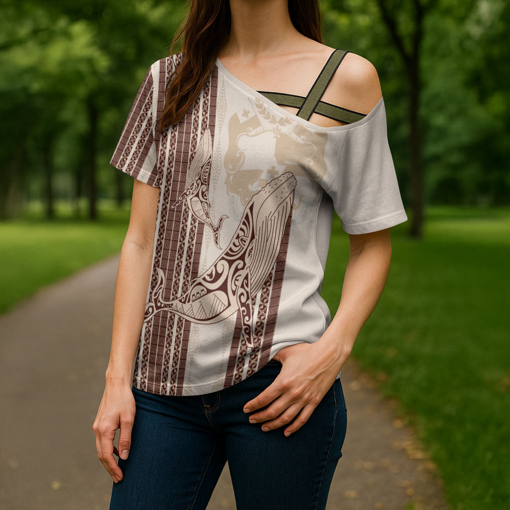 Swimming With Humpback Whales Season Tonga Cross Shoulder Shirt Tongan Tofuaa Ngatu Pattern Brown