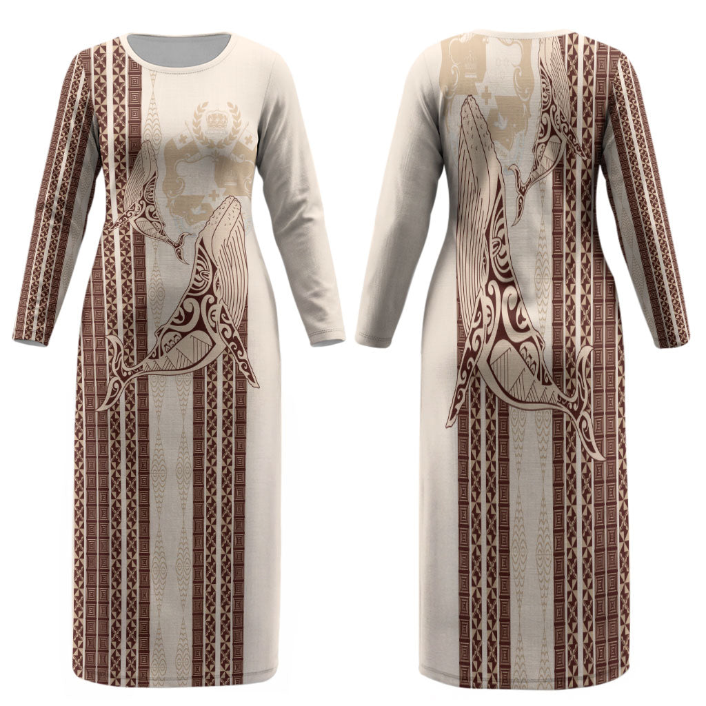 Swimming With Humpback Whales Season Tonga Family Matching Long Sleeve Bodycon Dress and Hawaiian Shirt Tongan Tofuaa Ngatu Pattern Brown
