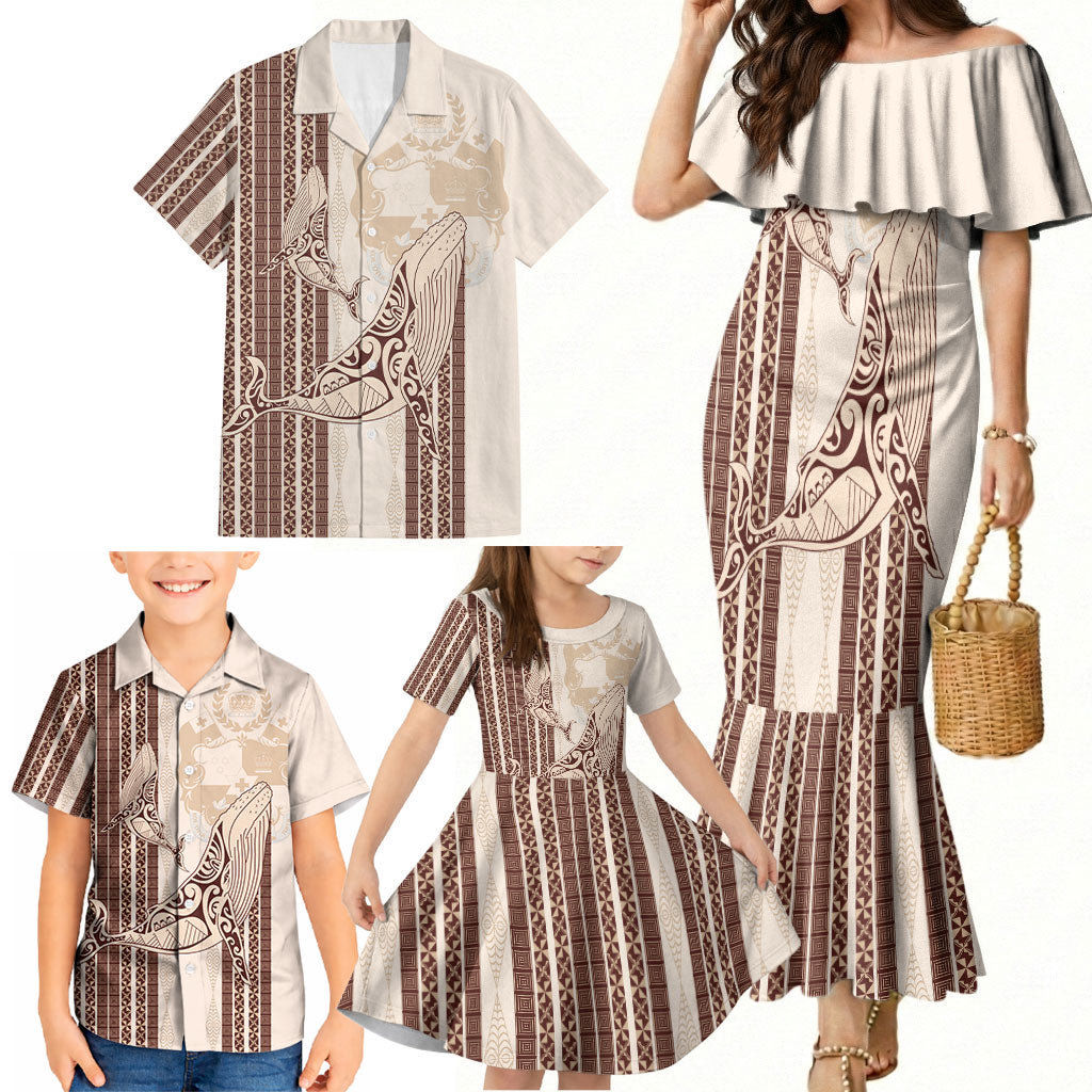 Swimming With Humpback Whales Season Tonga Family Matching Mermaid Dress and Hawaiian Shirt Tongan Tofuaa Ngatu Pattern Brown