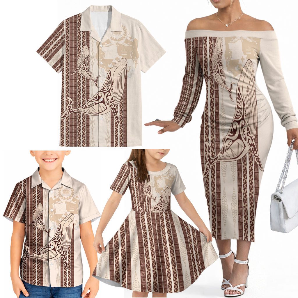 Swimming With Humpback Whales Season Tonga Family Matching Off The Shoulder Long Sleeve Dress and Hawaiian Shirt Tongan Tofuaa Ngatu Pattern Brown