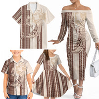 Swimming With Humpback Whales Season Tonga Family Matching Off The Shoulder Long Sleeve Dress and Hawaiian Shirt Tongan Tofuaa Ngatu Pattern Brown
