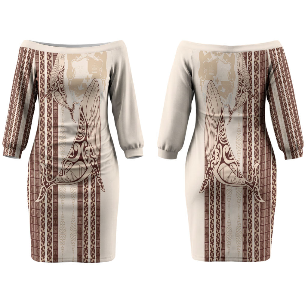 Swimming With Humpback Whales Season Tonga Family Matching Off The Shoulder Long Sleeve Dress and Hawaiian Shirt Tongan Tofuaa Ngatu Pattern Brown