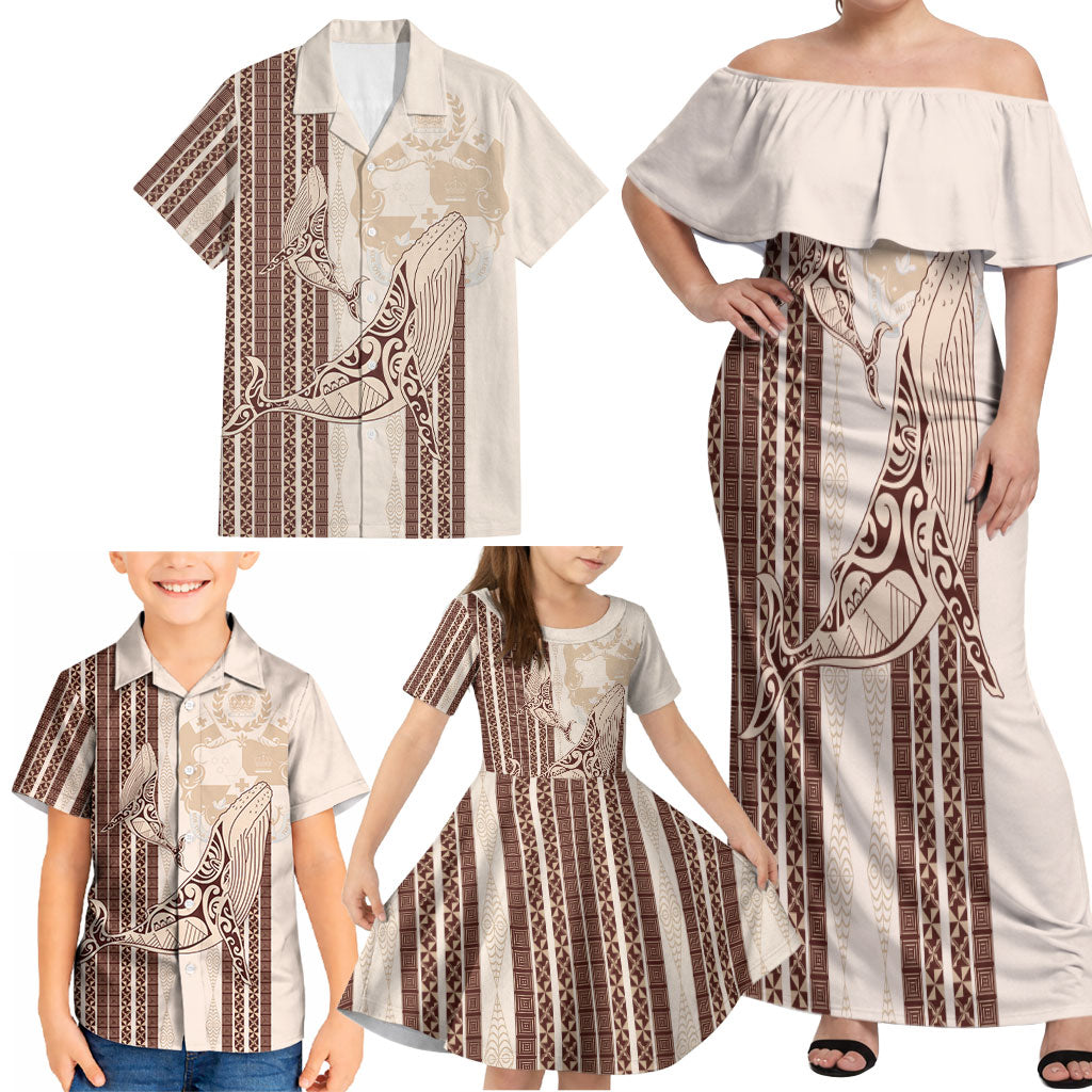 Swimming With Humpback Whales Season Tonga Family Matching Off Shoulder Maxi Dress and Hawaiian Shirt Tongan Tofuaa Ngatu Pattern Brown