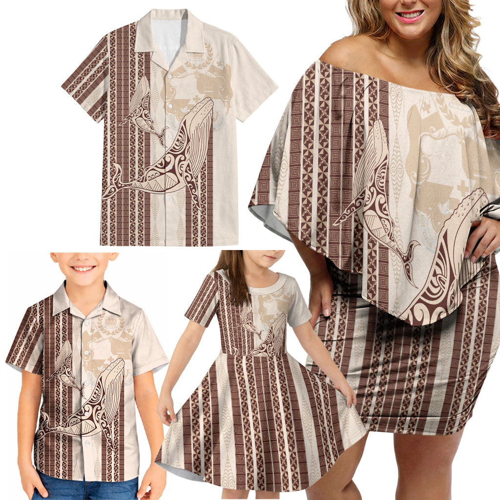 Swimming With Humpback Whales Season Tonga Family Matching Off Shoulder Short Dress and Hawaiian Shirt Tongan Tofuaa Ngatu Pattern Brown