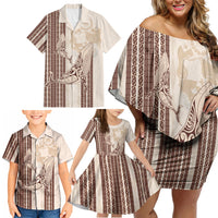 Swimming With Humpback Whales Season Tonga Family Matching Off Shoulder Short Dress and Hawaiian Shirt Tongan Tofuaa Ngatu Pattern Brown