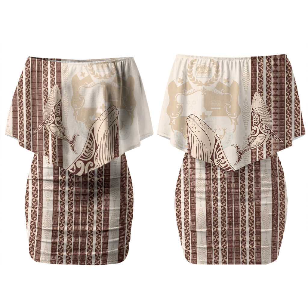 Swimming With Humpback Whales Season Tonga Family Matching Off Shoulder Short Dress and Hawaiian Shirt Tongan Tofuaa Ngatu Pattern Brown