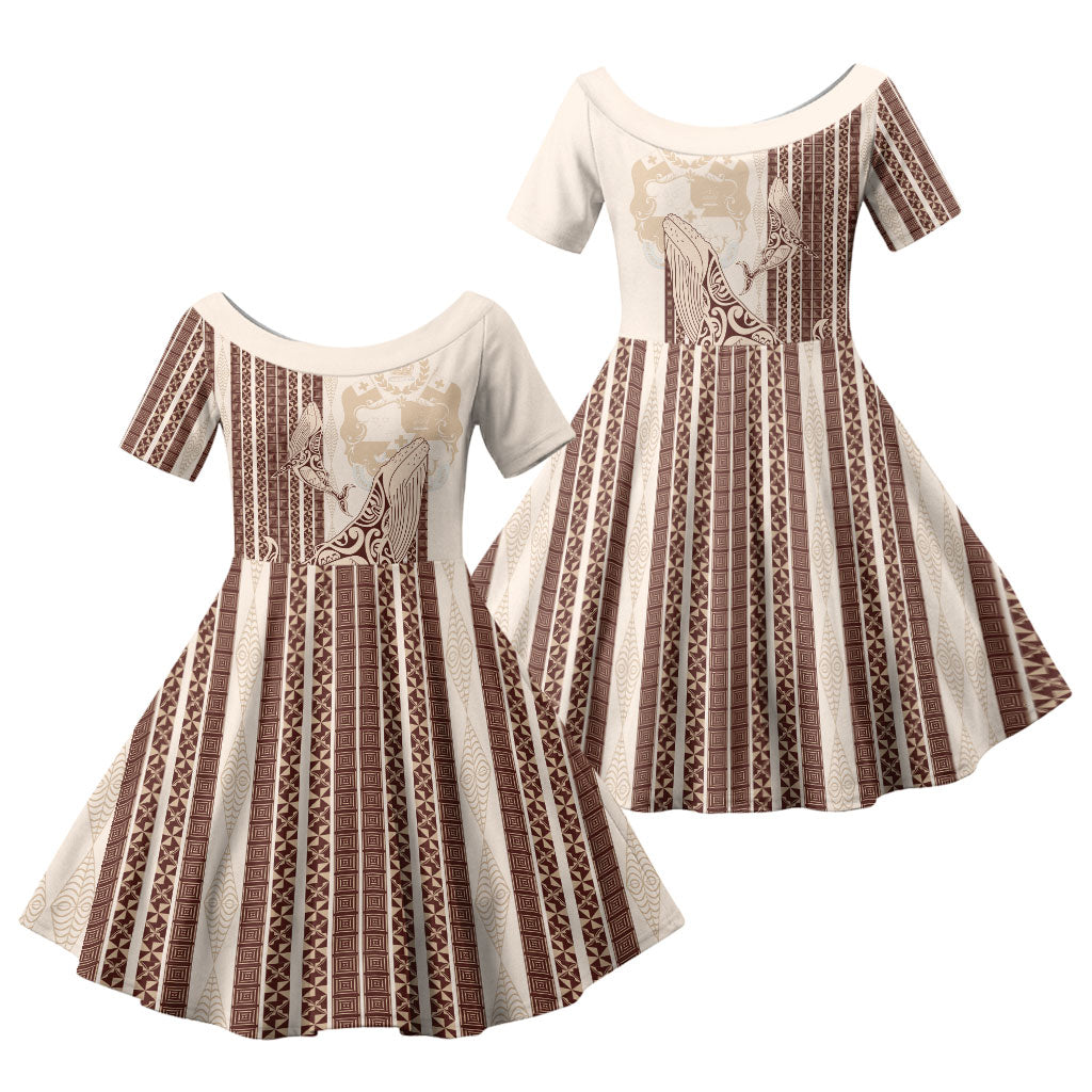 Swimming With Humpback Whales Season Tonga Family Matching Off Shoulder Short Dress and Hawaiian Shirt Tongan Tofuaa Ngatu Pattern Brown