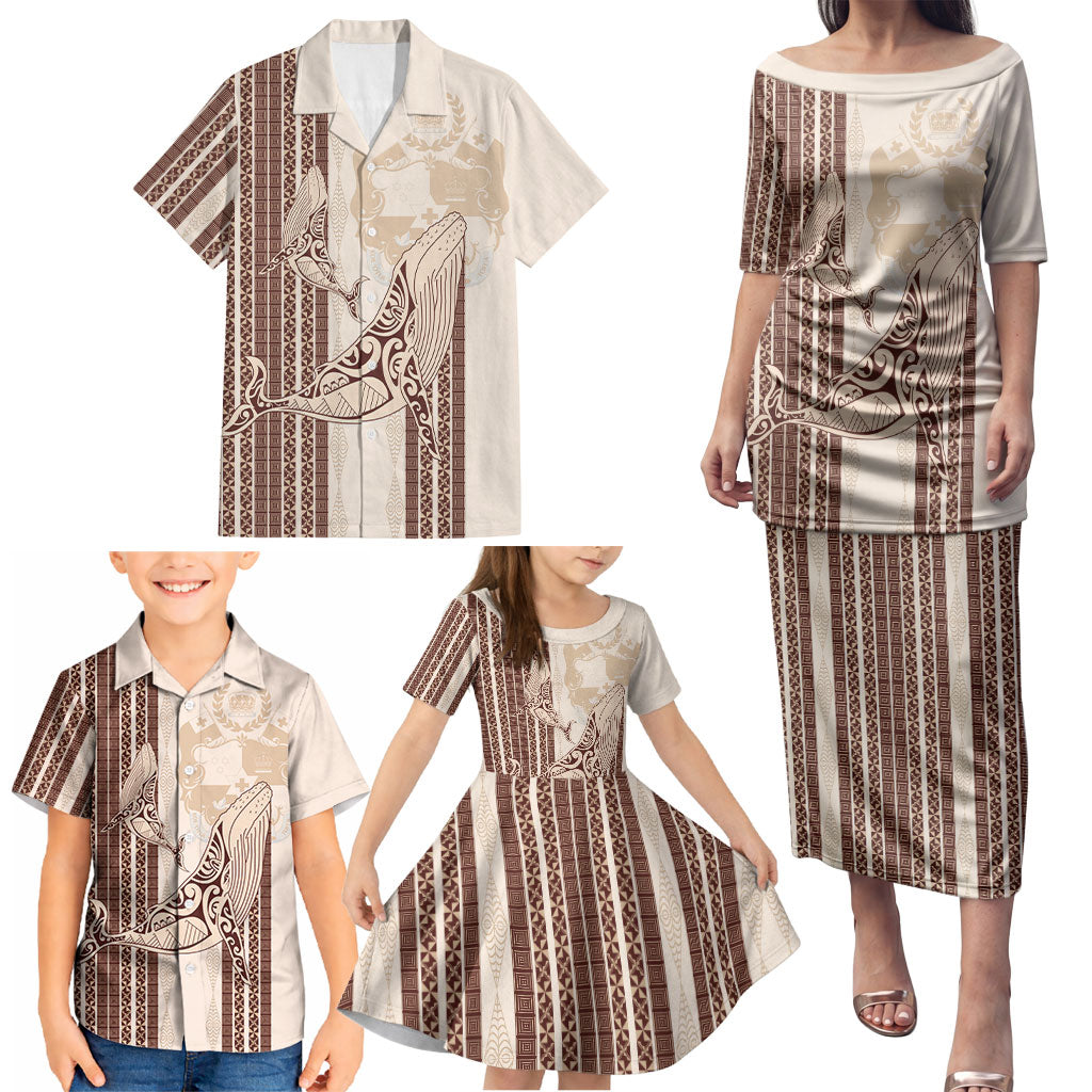 Swimming With Humpback Whales Season Tonga Family Matching Puletasi and Hawaiian Shirt Tongan Tofuaa Ngatu Pattern Brown