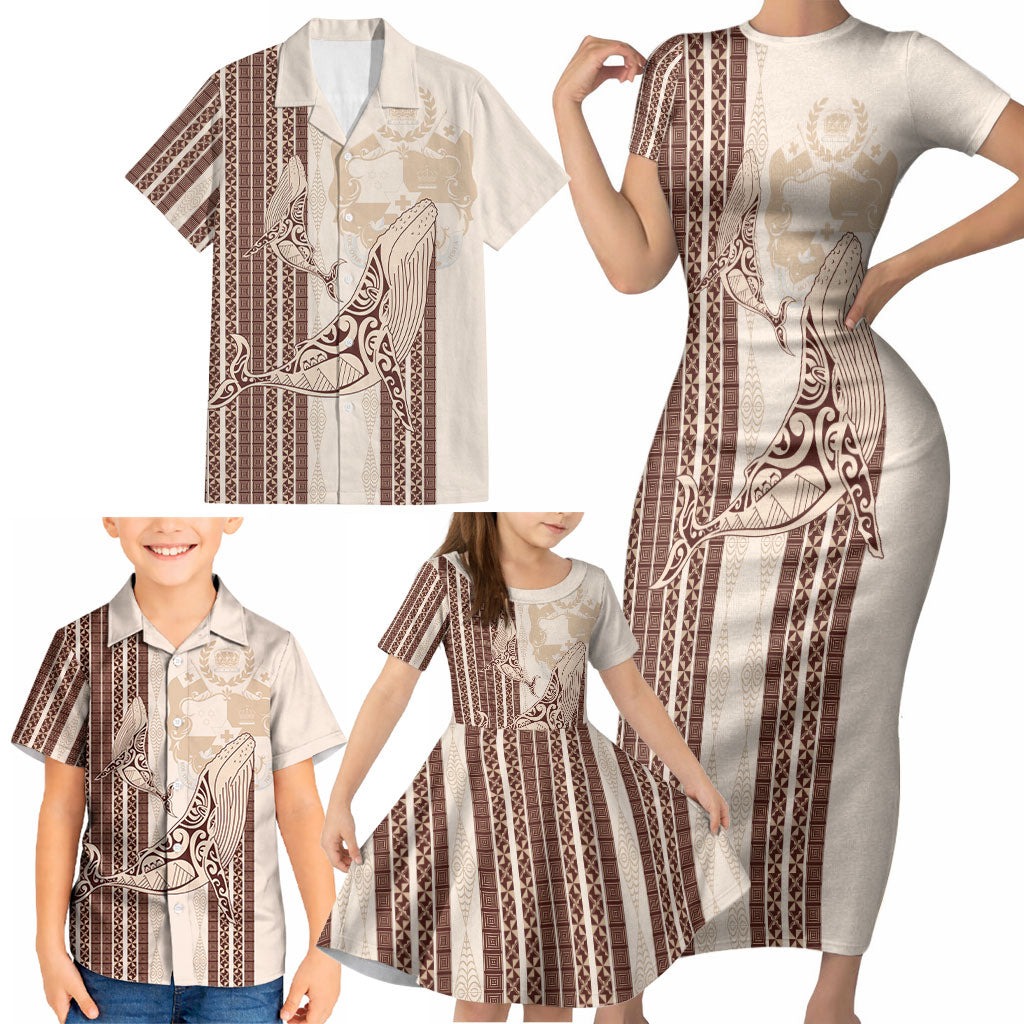 Swimming With Humpback Whales Season Tonga Family Matching Short Sleeve Bodycon Dress and Hawaiian Shirt Tongan Tofuaa Ngatu Pattern Brown