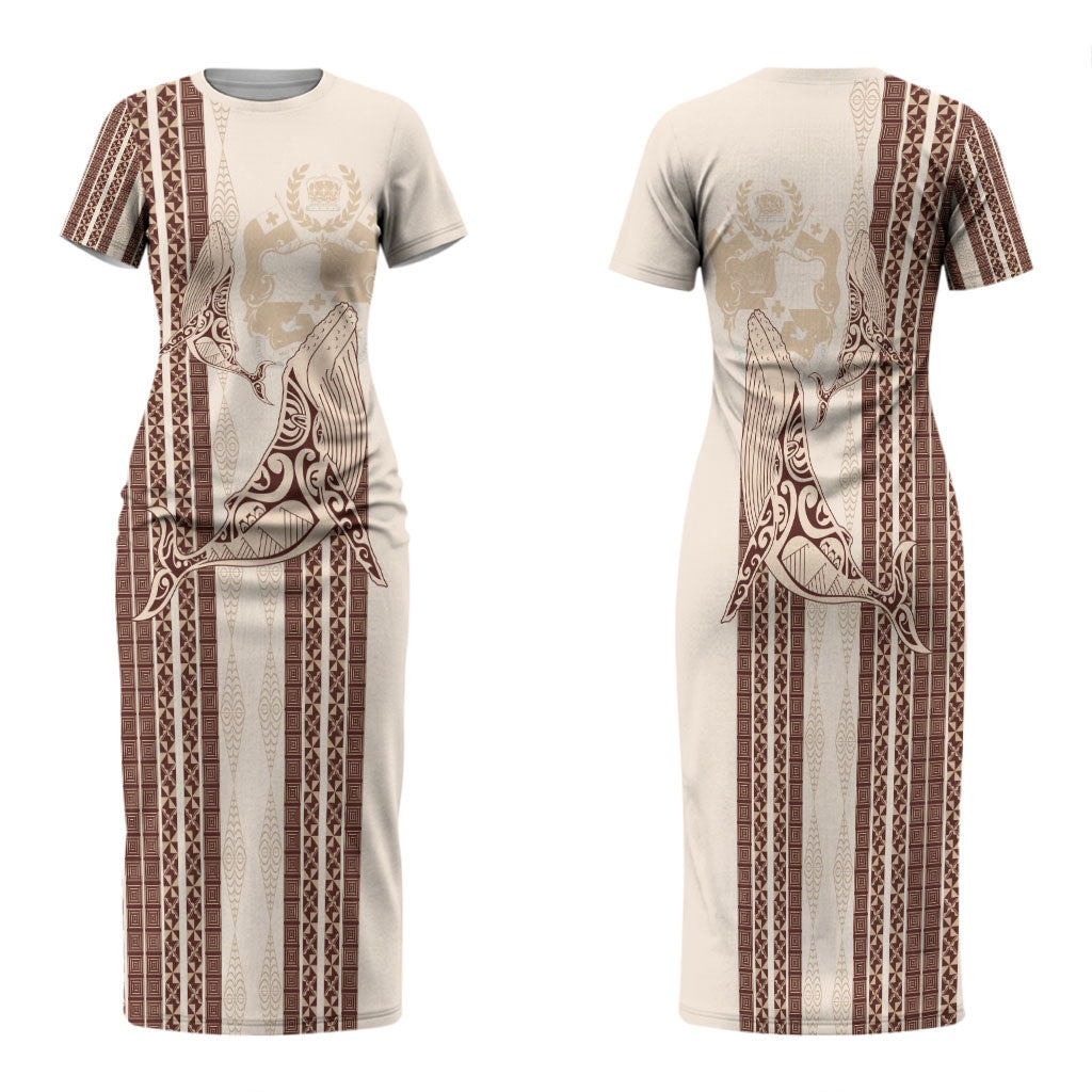 Swimming With Humpback Whales Season Tonga Family Matching Short Sleeve Bodycon Dress and Hawaiian Shirt Tongan Tofuaa Ngatu Pattern Brown
