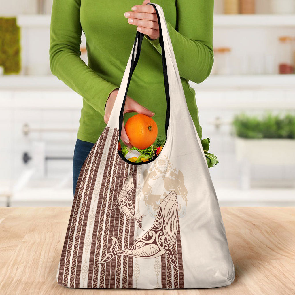 Swimming With Humpback Whales Season Tonga Grocery Bag Tongan Tofuaa Ngatu Pattern Brown