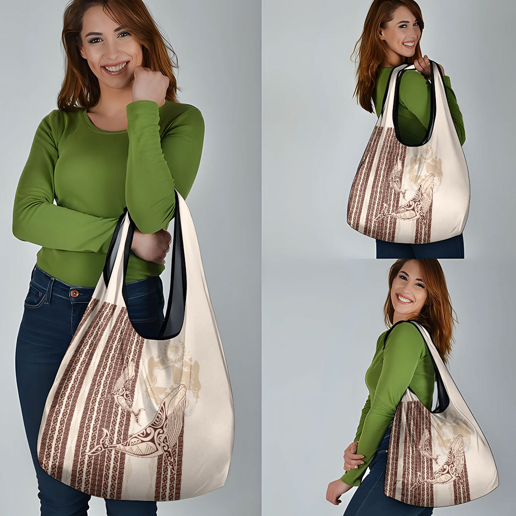Swimming With Humpback Whales Season Tonga Grocery Bag Tongan Tofuaa Ngatu Pattern Brown