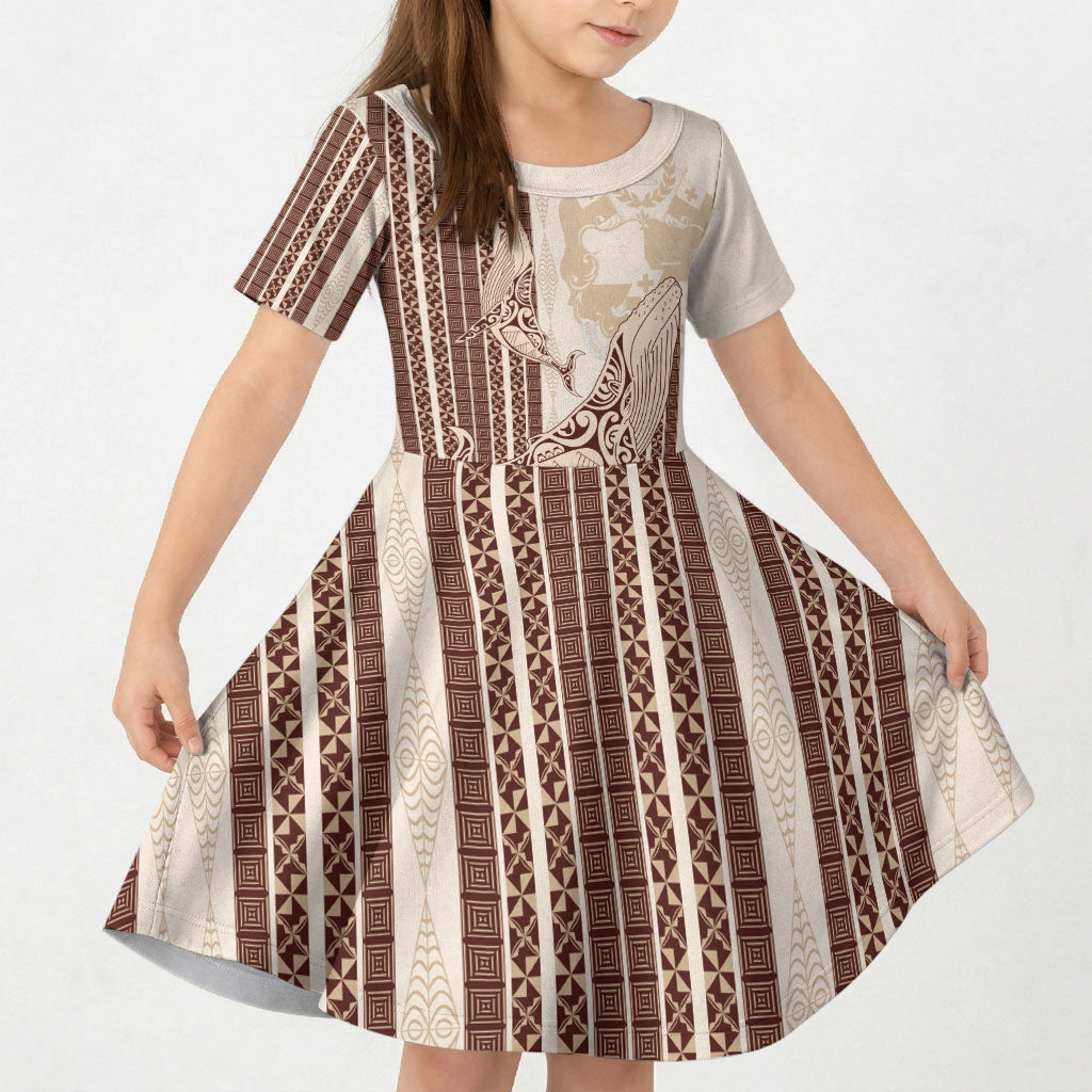 Swimming With Humpback Whales Season Tonga Kid Short Sleeve Dress Tongan Tofuaa Ngatu Pattern Brown