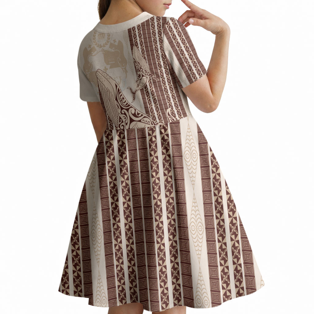 Swimming With Humpback Whales Season Tonga Kid Short Sleeve Dress Tongan Tofuaa Ngatu Pattern Brown