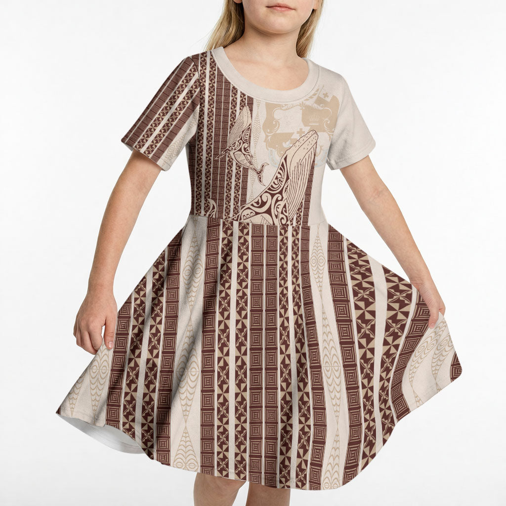 Swimming With Humpback Whales Season Tonga Kid Short Sleeve Dress Tongan Tofuaa Ngatu Pattern Brown