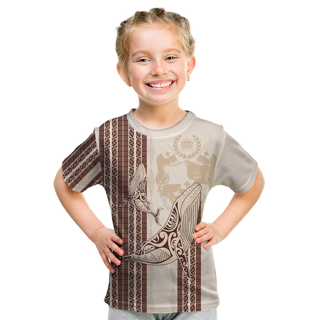 Swimming With Humpback Whales Season Tonga Kid T Shirt Tongan Tofuaa Ngatu Pattern Brown