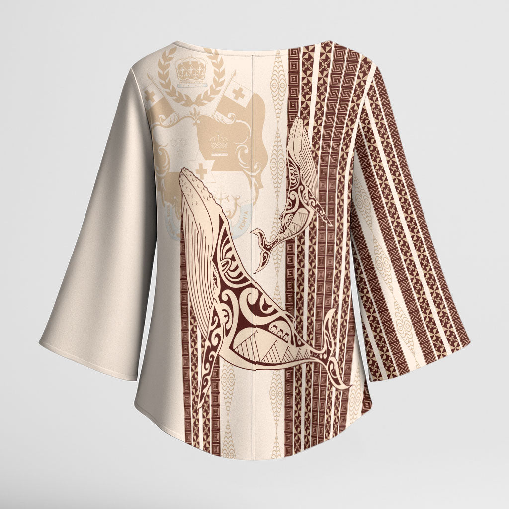 Swimming With Humpback Whales Season Tonga Kimono Sleeve Blouse Tongan Tofuaa Ngatu Pattern Brown