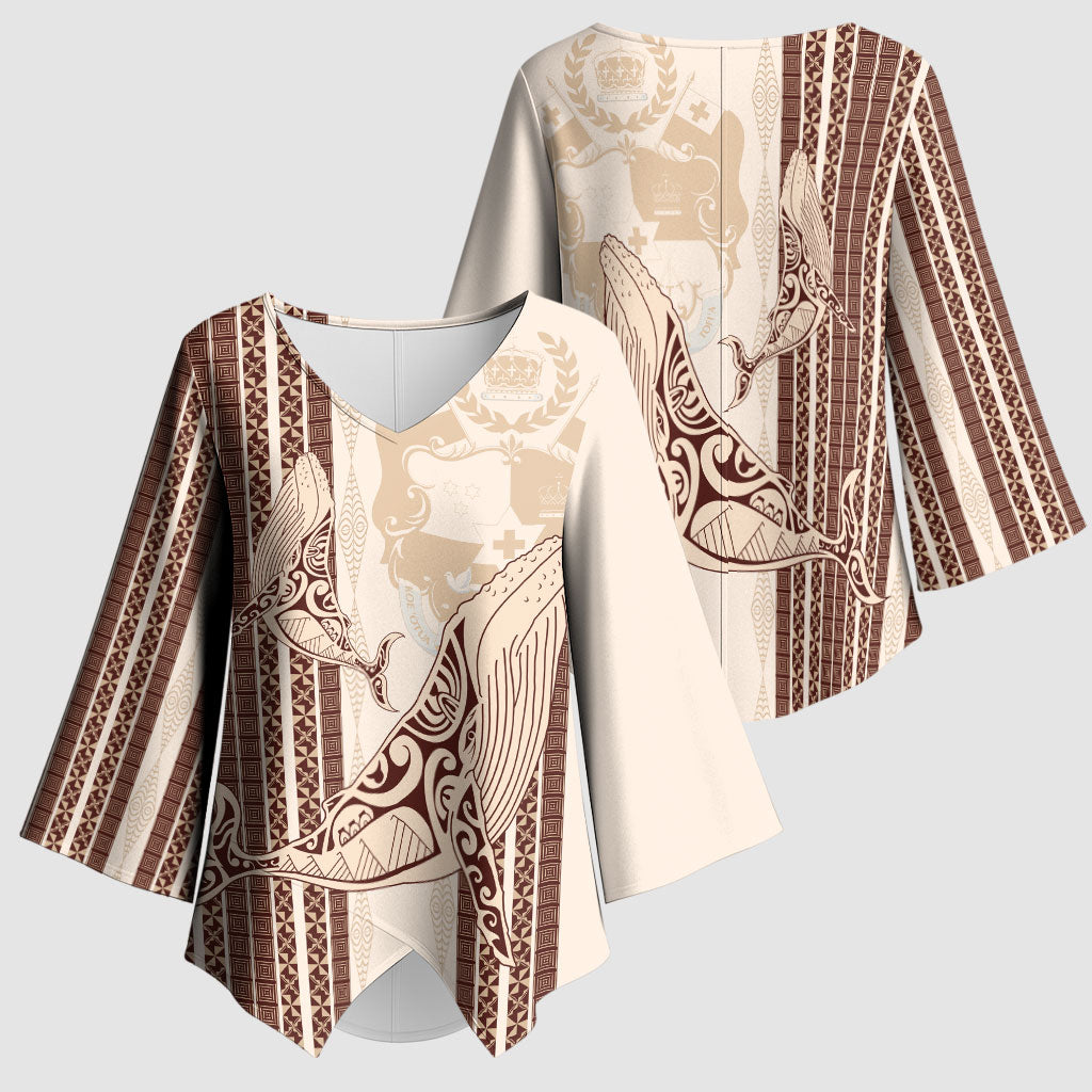 Swimming With Humpback Whales Season Tonga Kimono Sleeve Blouse Tongan Tofuaa Ngatu Pattern Brown
