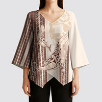 Swimming With Humpback Whales Season Tonga Kimono Sleeve Blouse Tongan Tofuaa Ngatu Pattern Brown