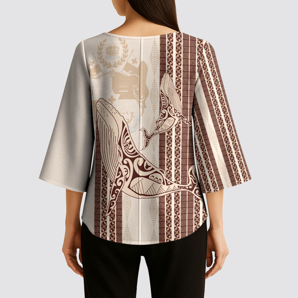 Swimming With Humpback Whales Season Tonga Kimono Sleeve Blouse Tongan Tofuaa Ngatu Pattern Brown