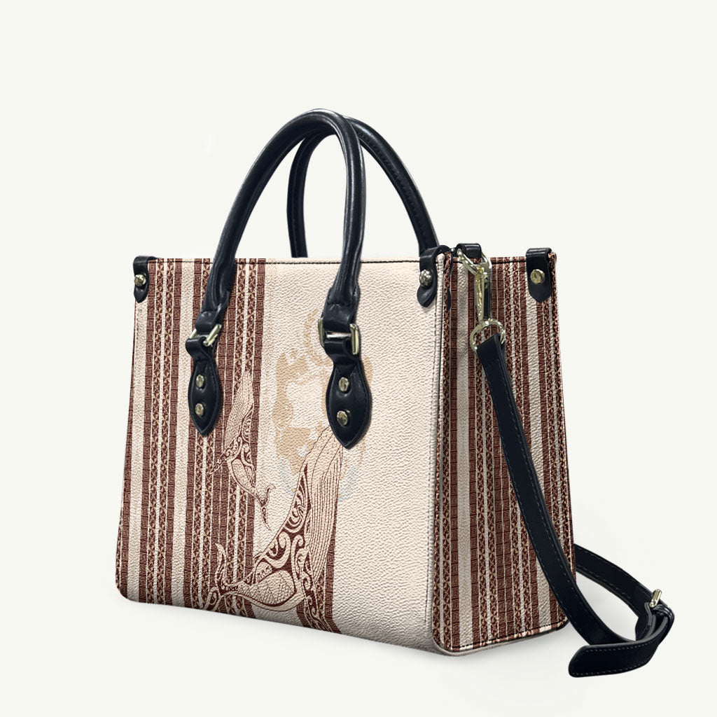 Swimming With Humpback Whales Season Tonga Leather Bag Tongan Tofuaa Ngatu Pattern Brown