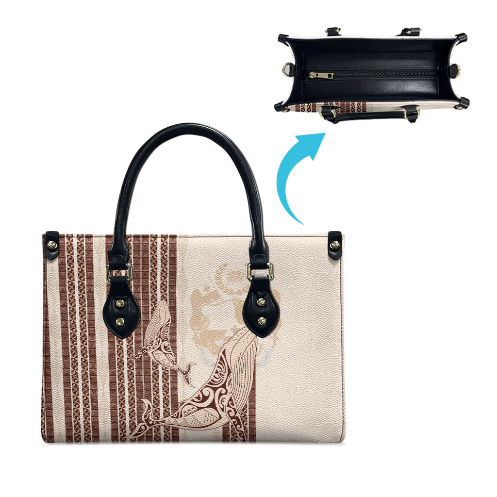 Swimming With Humpback Whales Season Tonga Leather Bag Tongan Tofuaa Ngatu Pattern Brown