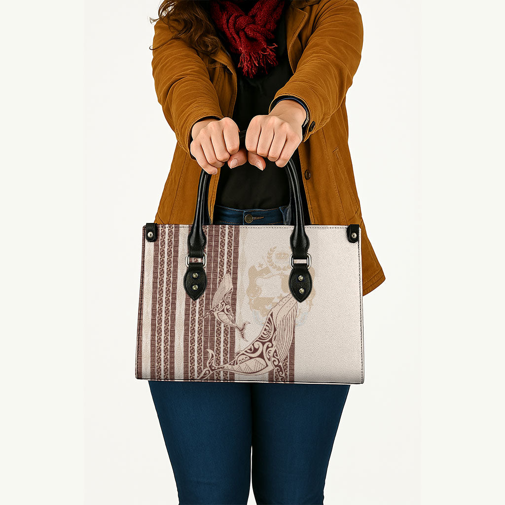 Swimming With Humpback Whales Season Tonga Leather Bag Tongan Tofuaa Ngatu Pattern Brown