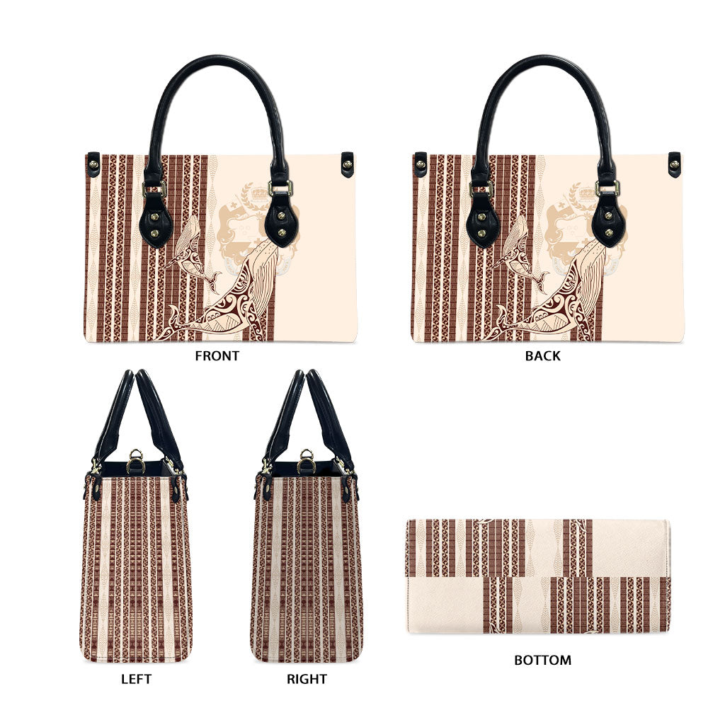 Swimming With Humpback Whales Season Tonga Leather Bag Tongan Tofuaa Ngatu Pattern Brown