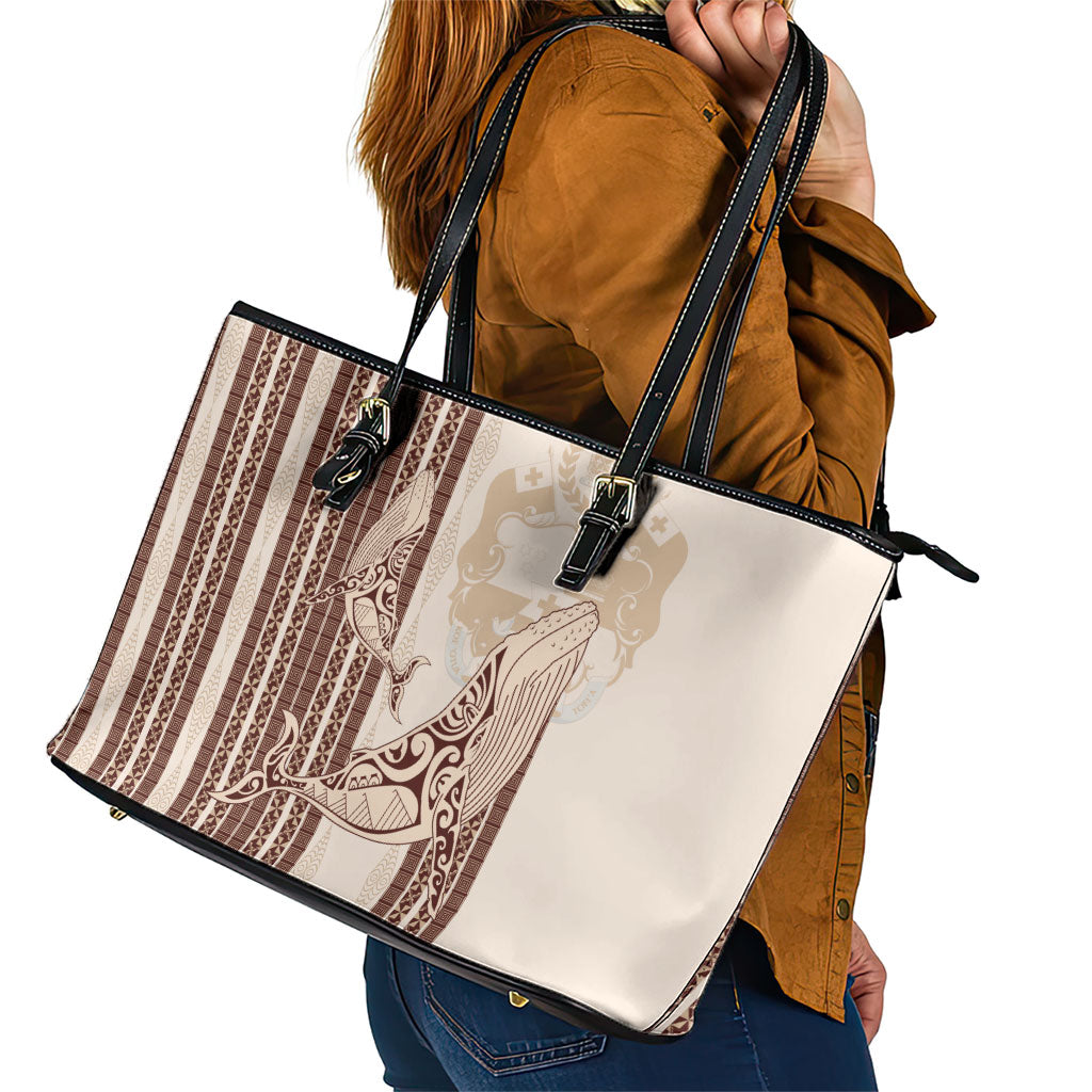 Swimming With Humpback Whales Season Tonga Leather Tote Bag Tongan Tofuaa Ngatu Pattern Brown