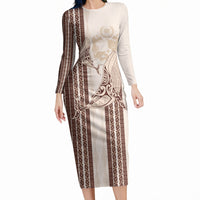 Swimming With Humpback Whales Season Tonga Long Sleeve Bodycon Dress Tongan Tofuaa Ngatu Pattern Brown