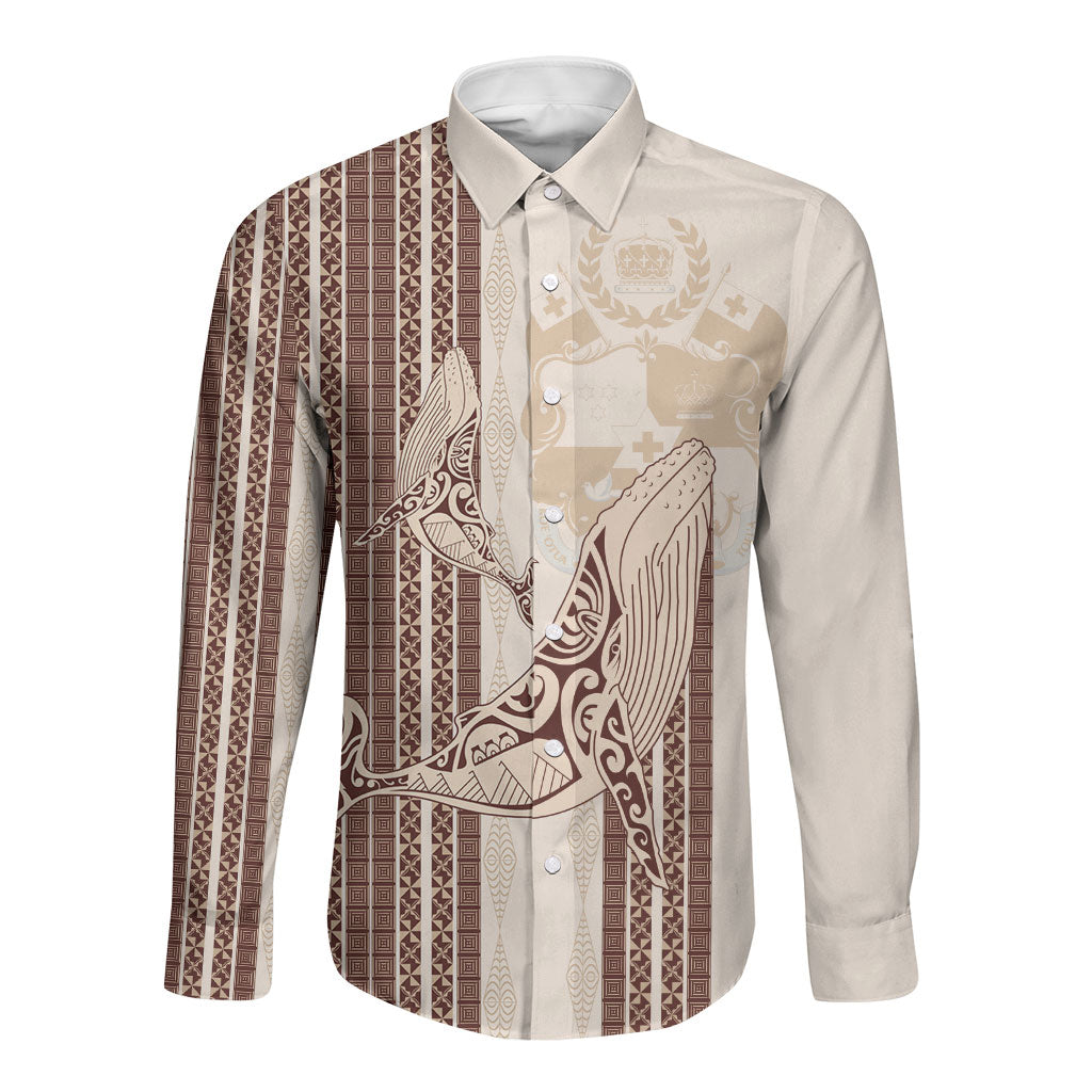 Swimming With Humpback Whales Season Tonga Long Sleeve Button Shirt Tongan Tofuaa Ngatu Pattern Brown