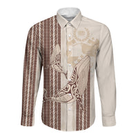 Swimming With Humpback Whales Season Tonga Long Sleeve Button Shirt Tongan Tofuaa Ngatu Pattern Brown