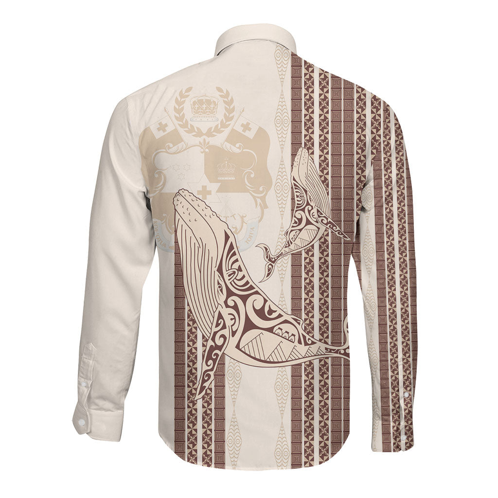 Swimming With Humpback Whales Season Tonga Long Sleeve Button Shirt Tongan Tofuaa Ngatu Pattern Brown
