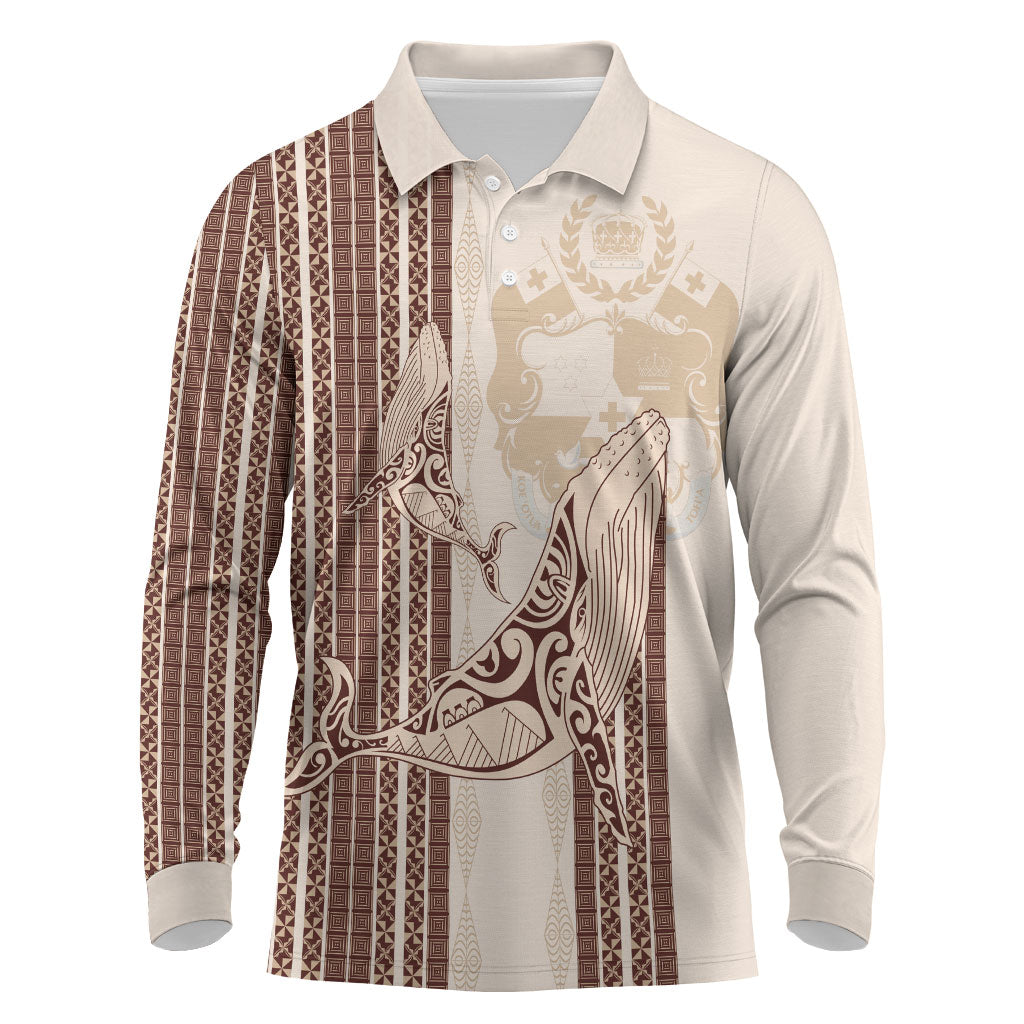 Swimming With Humpback Whales Season Tonga Long Sleeve Polo Shirt Tongan Tofuaa Ngatu Pattern Brown